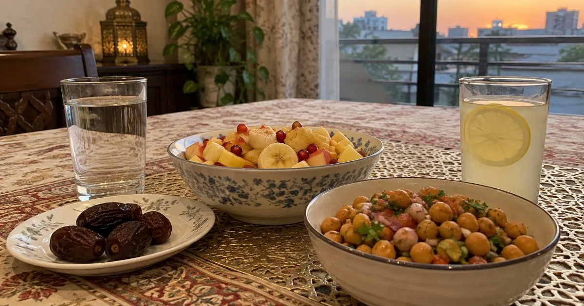 Pakistani ghar ki iftar table: khajoor ki chhoti plate, paani ka glass, fruit chaat ka katora, uble chane ka katora aur nimbu paani ka glass.