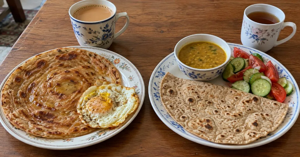 Do plate saath saath: baen taraf ghee wala paratha, tala hua anda aur meethi chai; daen taraf saada roti, daal ka katora, kheera aur tamatar ka salad aur bina cheeni ki chai.